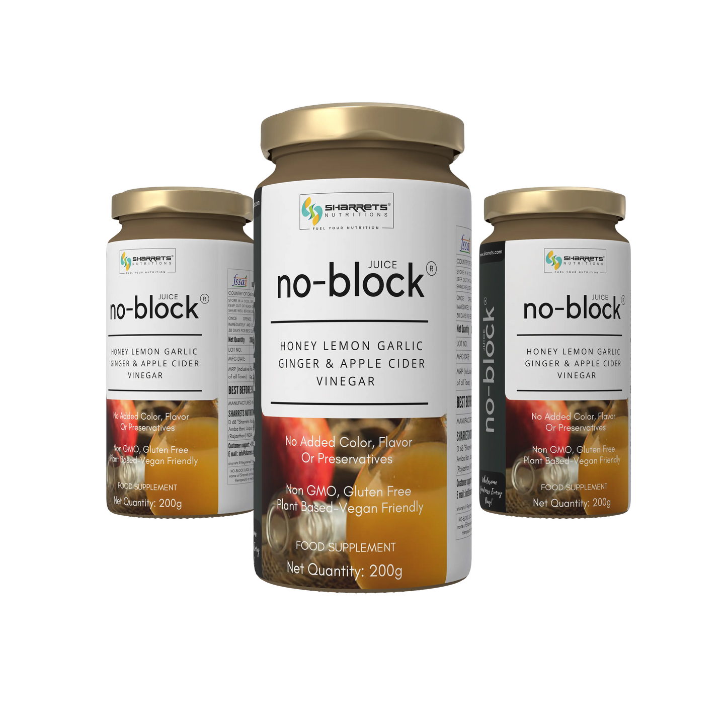 Three bottles of sharrets 'no-block' juice supplement on a white background