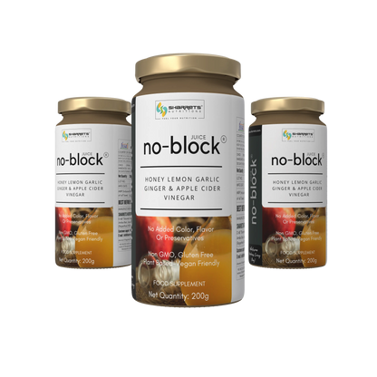 Three bottles of sharrets 'no-block' juice supplement on a white background