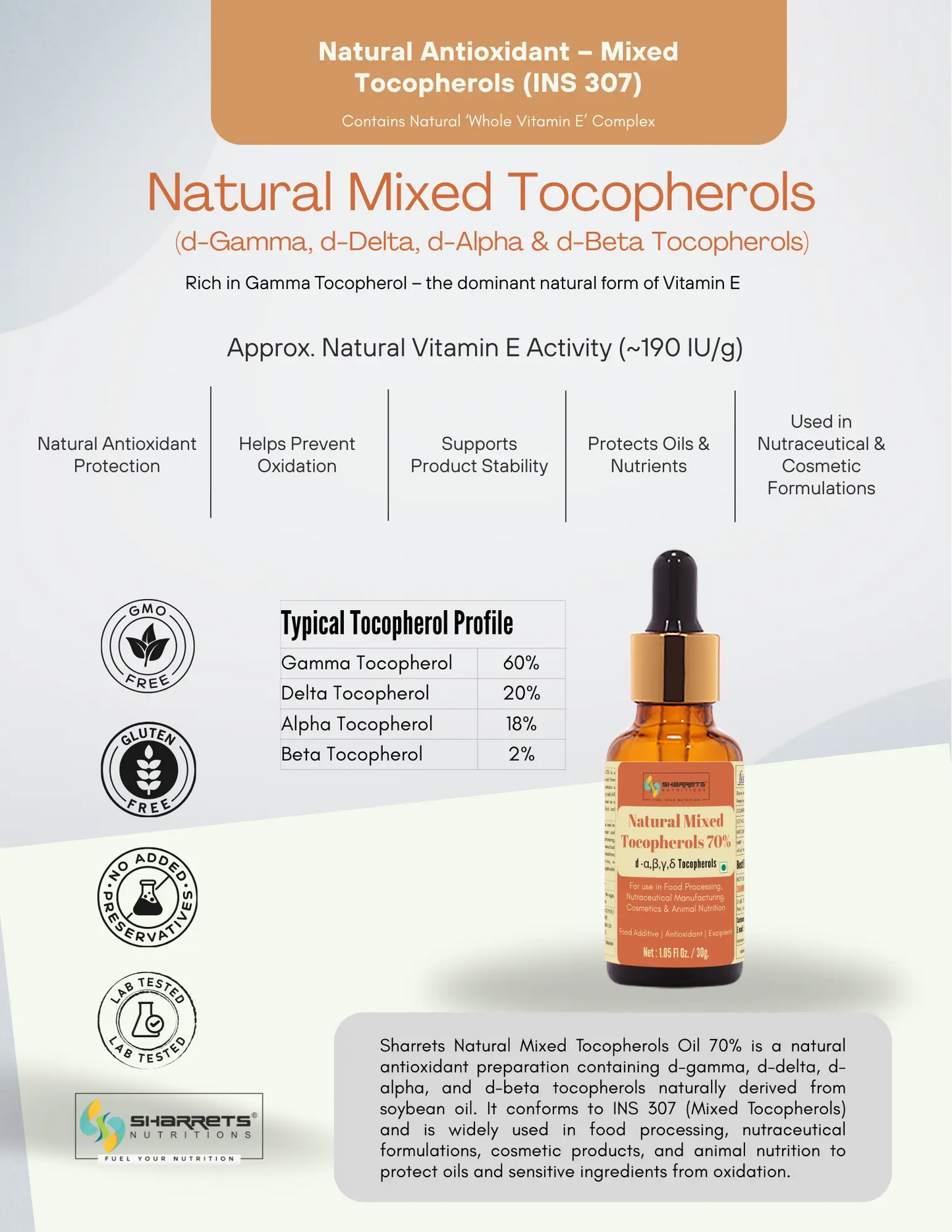Sharrets Natural Mixed Tocopherols Oil 70 percent – Food Additive Antioxidant
