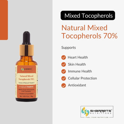 Bottle of Mixed Tocopherols with Sharretts Nutritions logo on a gray background