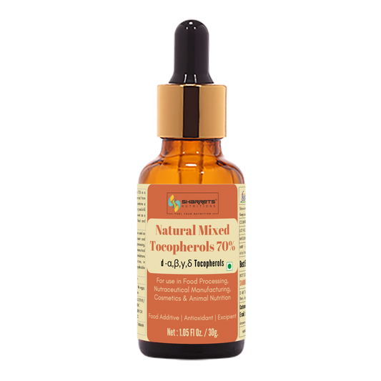 Bottle of Natural Mixed Tocopherols 70% with a dropper on a white background