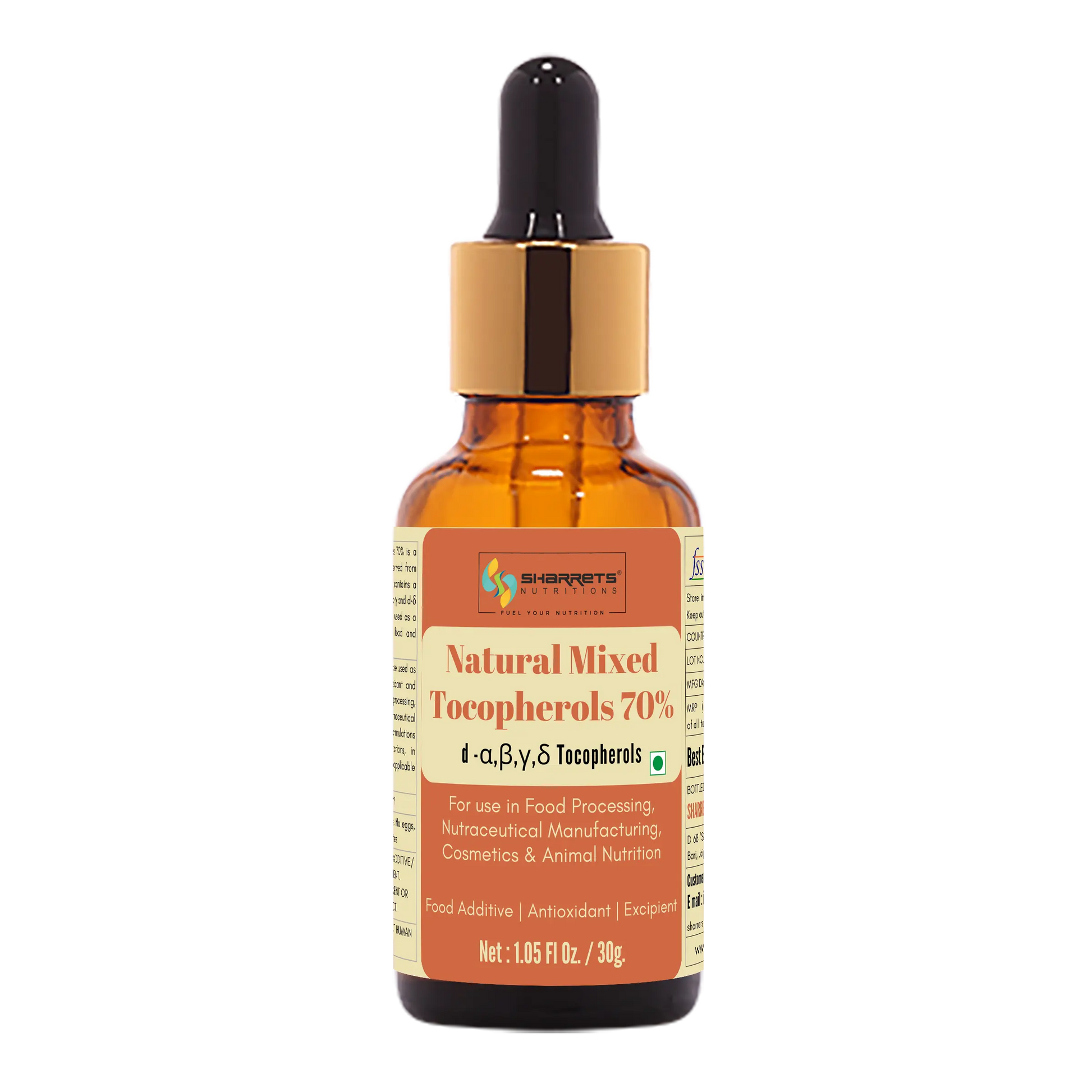 Bottle of Sharrets Natural Mixed Tocopherols 70% with a dropper on a white background
