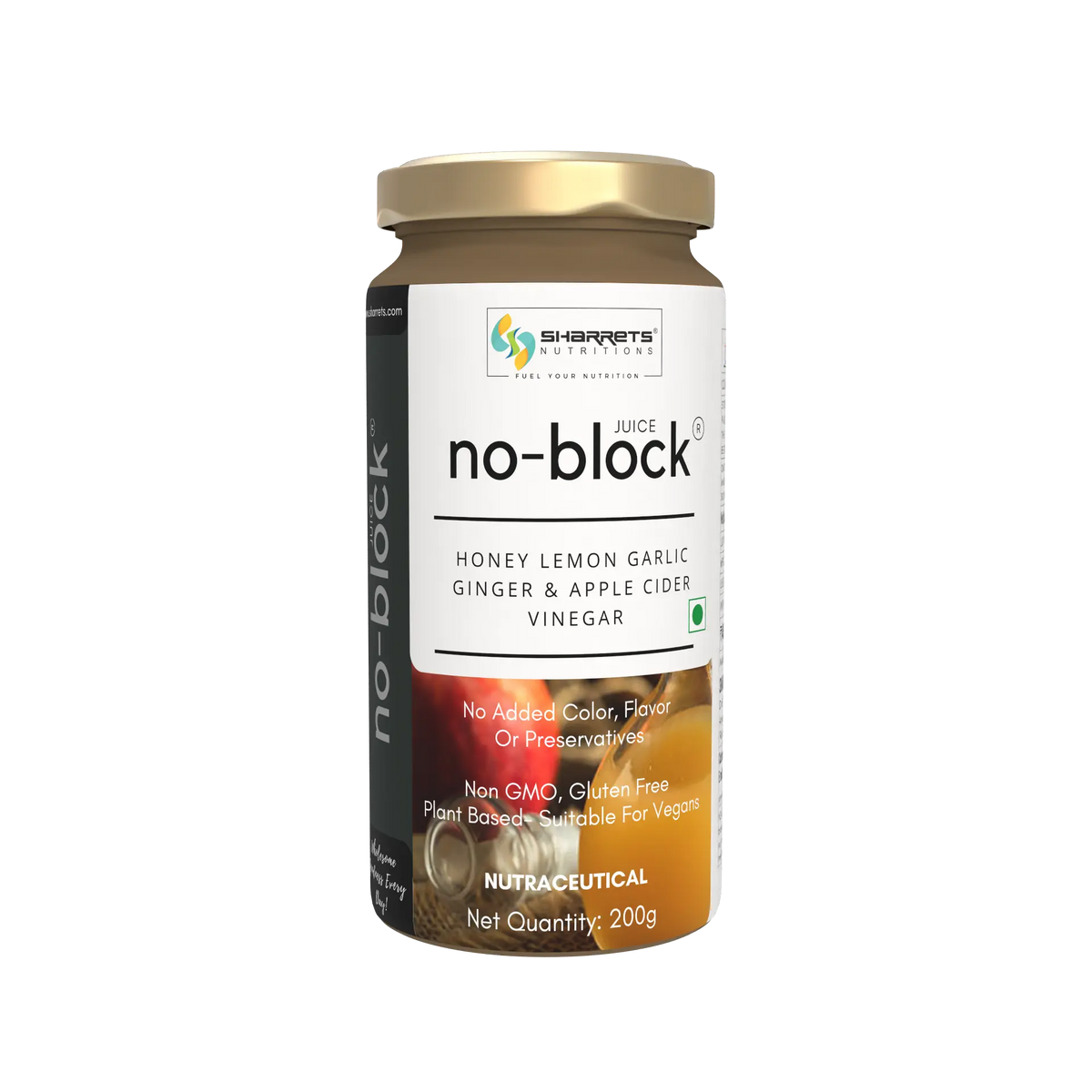 Sharrets No Block Juice 200g bottle with honey, lemon, garlic, ginger and apple cider vinegar