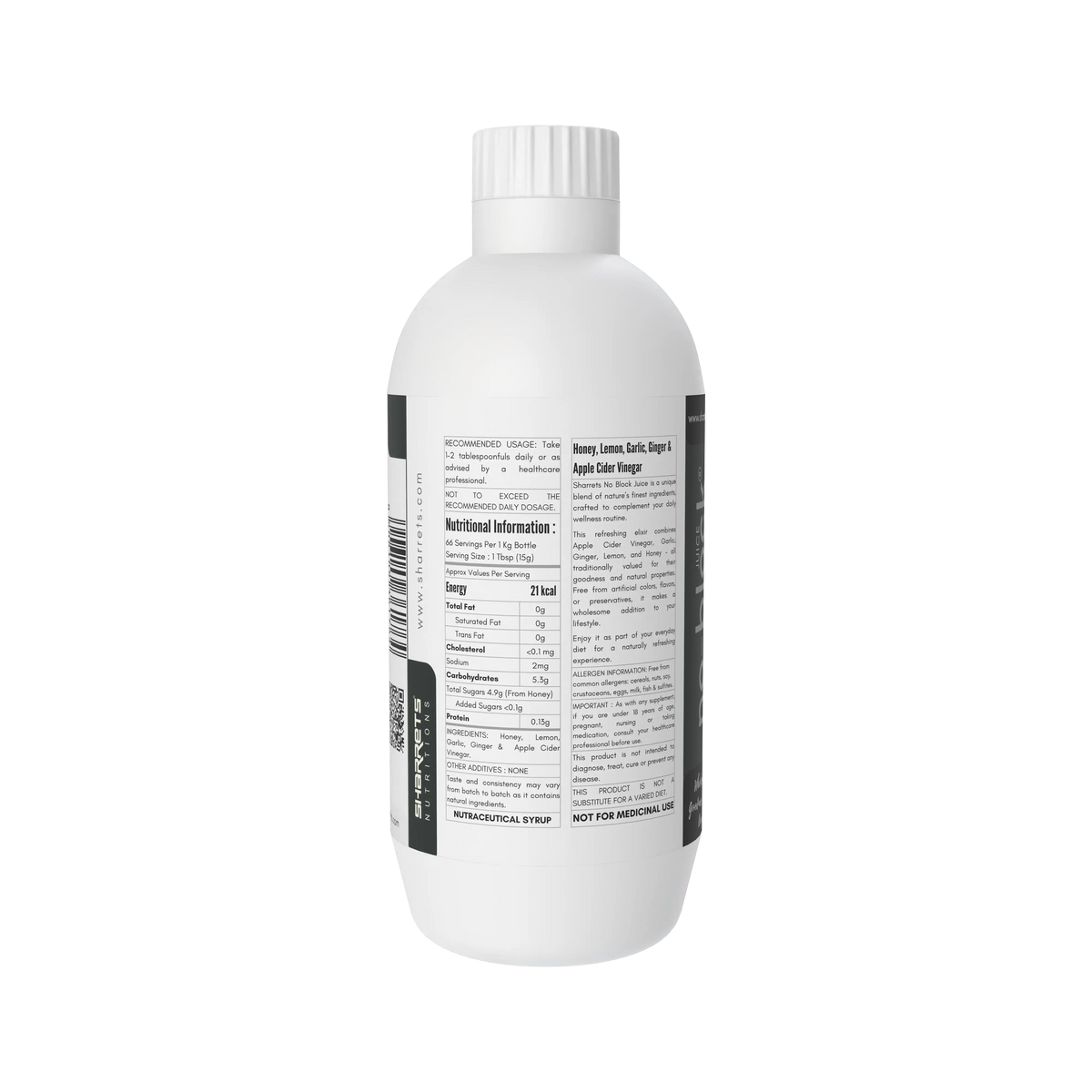 Sharrets No Block Juice 1kg bottle showing back and side label with nutritional and product information