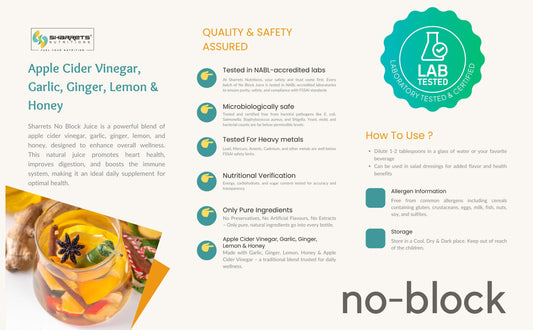 Product information page for 'no-block' Apple Cider Vinegar, Garlic, Ginger, Lemon & Honey blend with lab tested badge and usage instructions.
