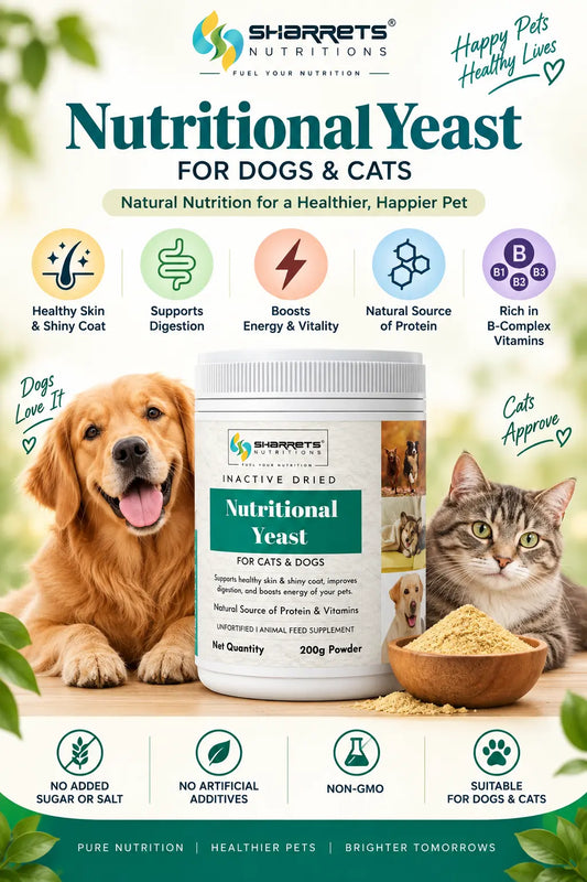 A promotional graphic for Sharrets nutritions Nutritional Yeast for dogs and cats. The center shows a white tub of the product with a green label, flanked by a golden retriever on the left and a tabby cat on the right, with a small bowl of the yellow powder at the bottom.