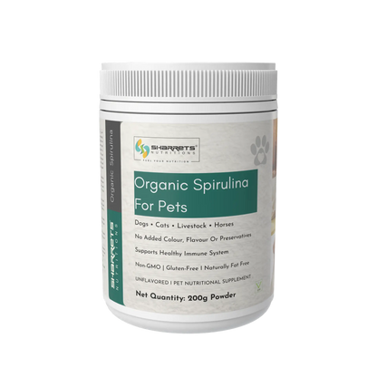 Bottle of Sharrets Nutritions Organic Spirulina for Pets on a white background