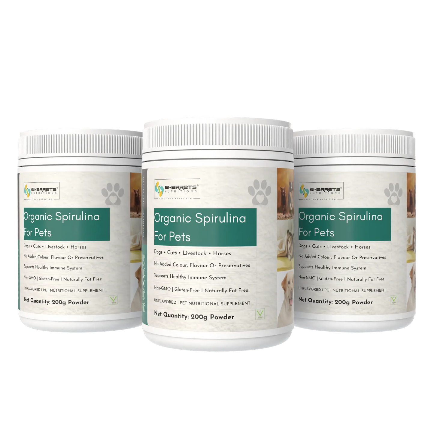Three containers of Organic Spirulina for Pets on a white background