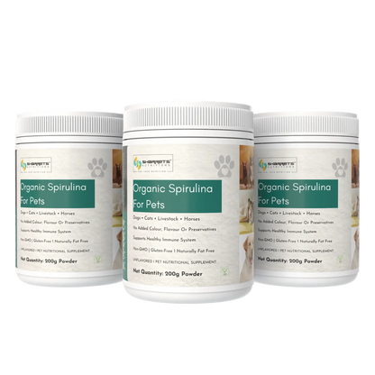 Three containers of Organic Spirulina for Pets on a white background