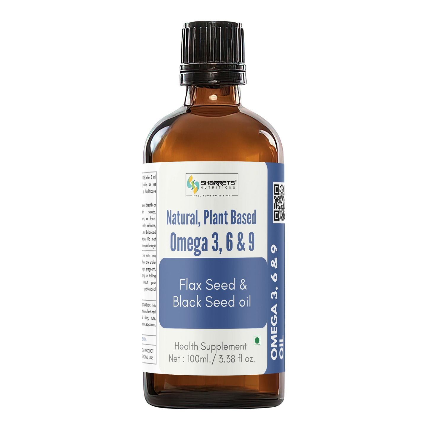 Bottle of natural plant-based omega 3, 6, and 9 supplement with label on a white background- sharrets 