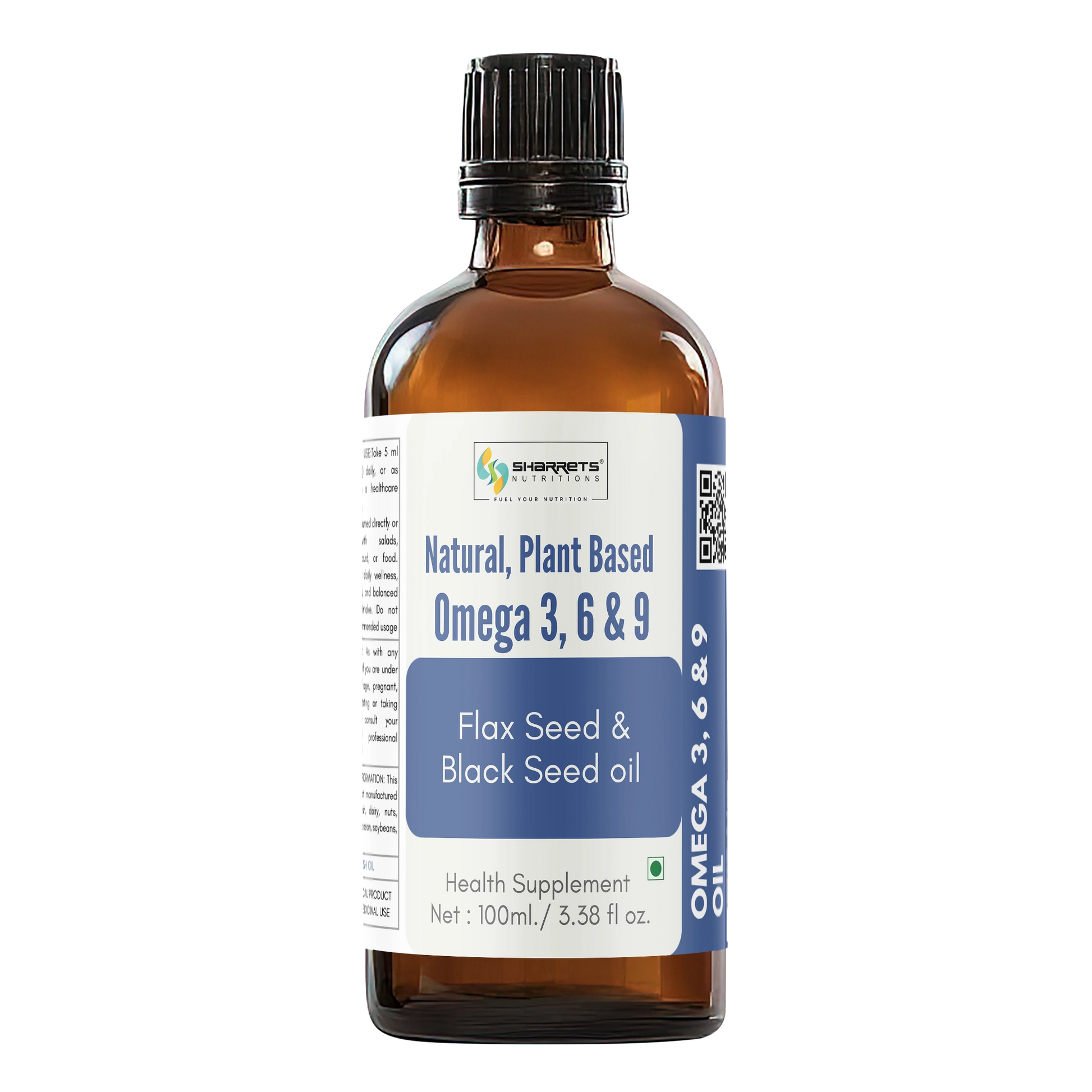Bottle of natural plant-based omega 3, 6, and 9 supplement with label on a white background- sharrets 