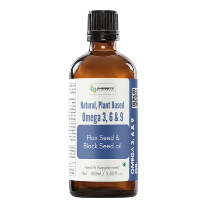 Bottle of natural plant-based omega 3, 6, and 9 supplement with label on a white background- sharrets 
