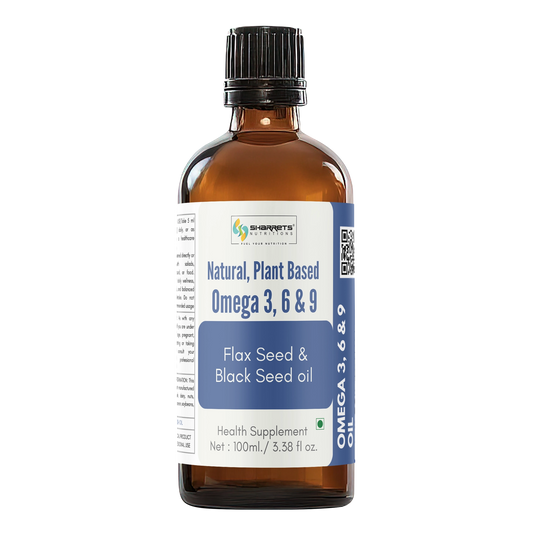 Bottle of natural plant-based omega 3, 6, and 9 supplement with label on a white background- sharrets 