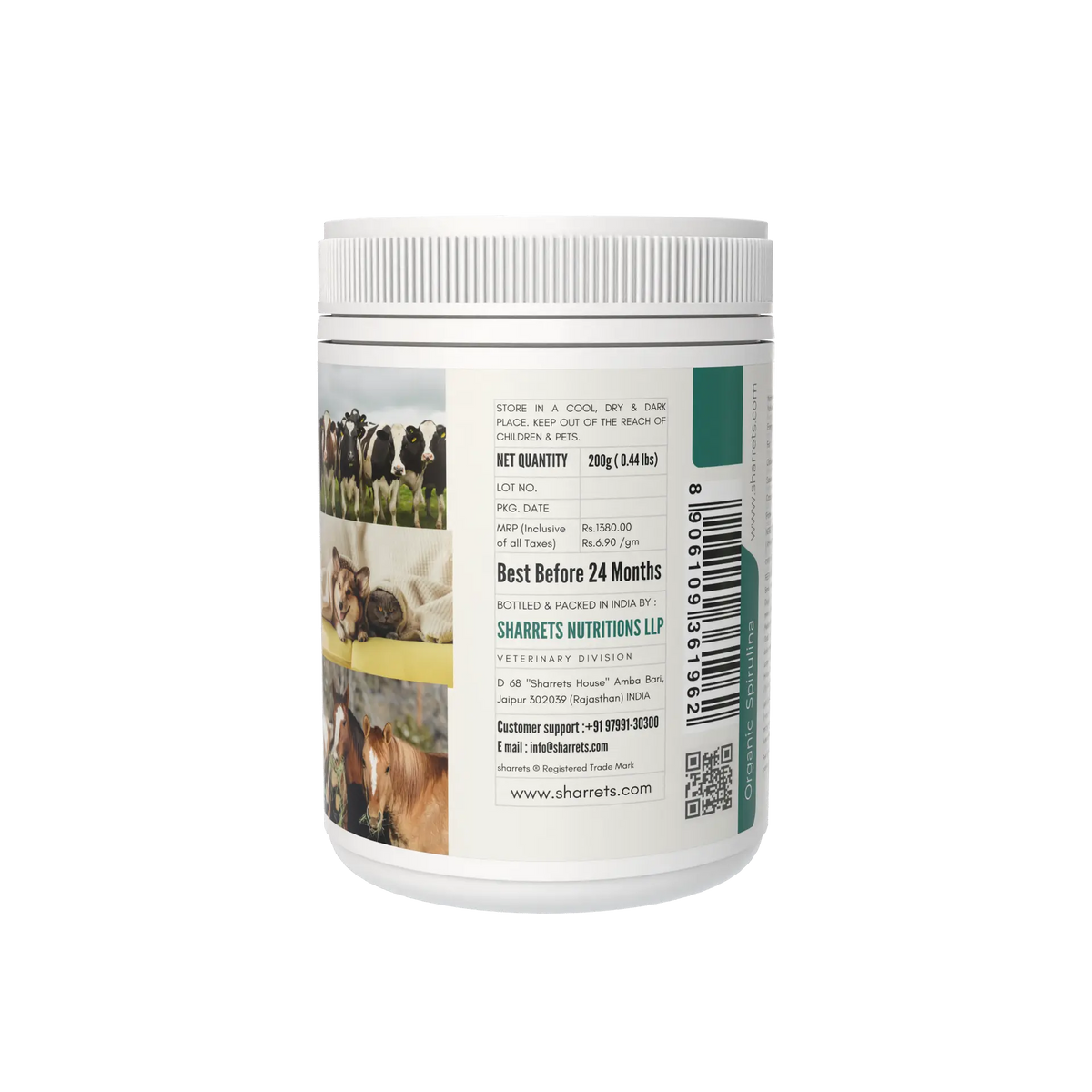A white plastic tub of Sharrets Nutritions Lip Veterinary Supplement, shown from the back side. The label features a white background with black text, a green square on the right, and a photo of cows on the left.