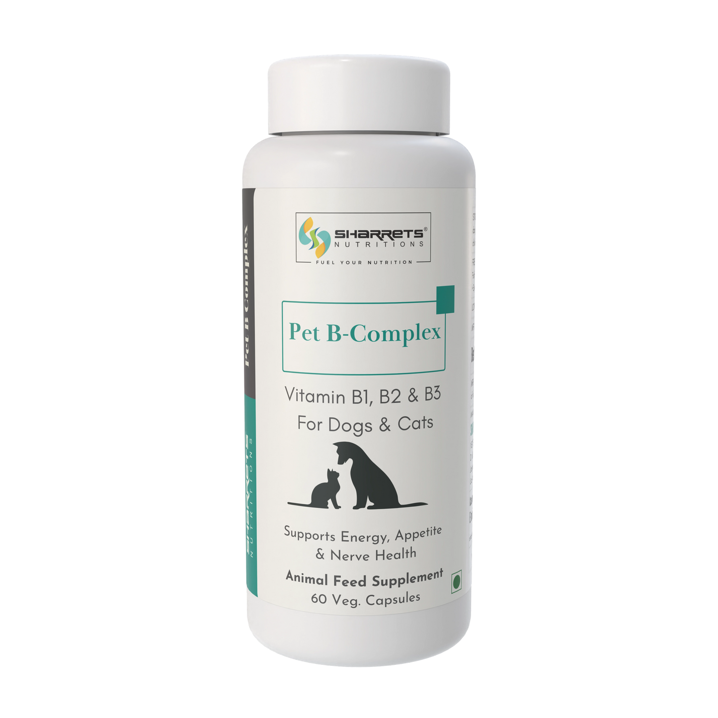 Sharretts Pet B-Complex supplement bottle for dogs and cats on a white background