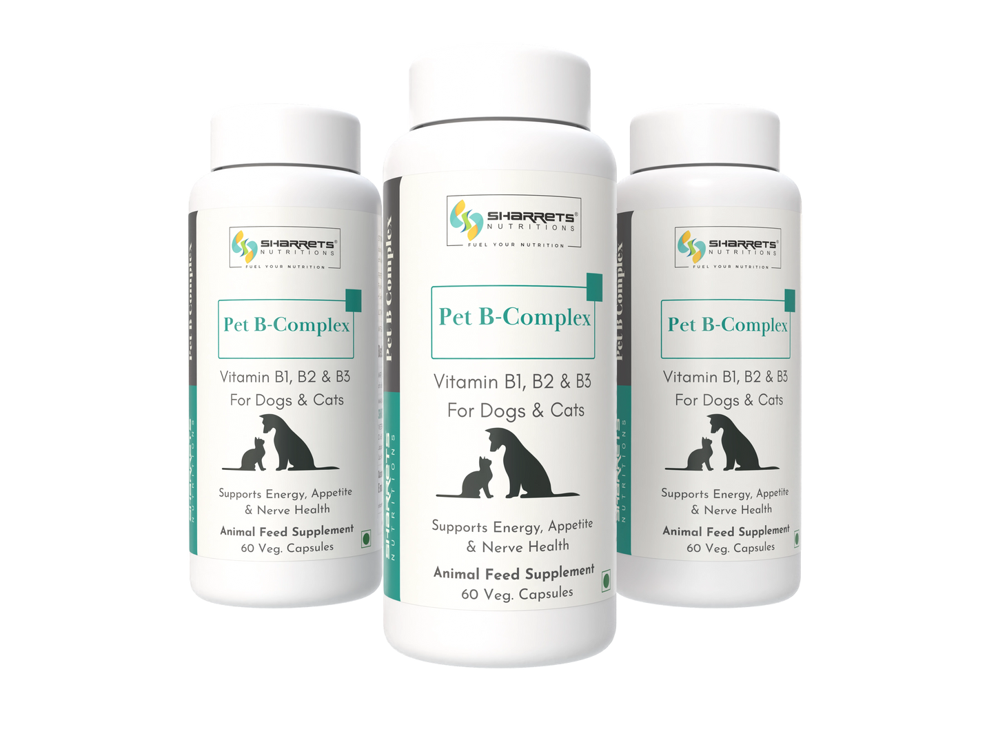 Three bottles of Pet B-Complex supplement for dogs and cats on a white background