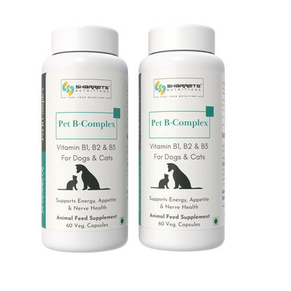 Two bottles of Sharret's Pet B-Complex for dogs and cats on a white background