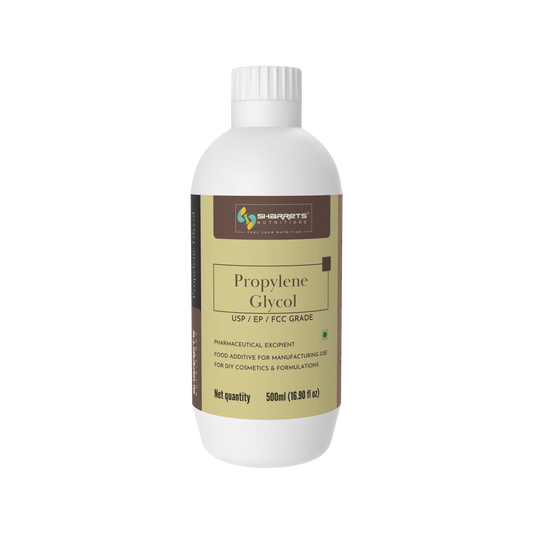 Bottle of SHARRETS propylene glycol with a label on a white background