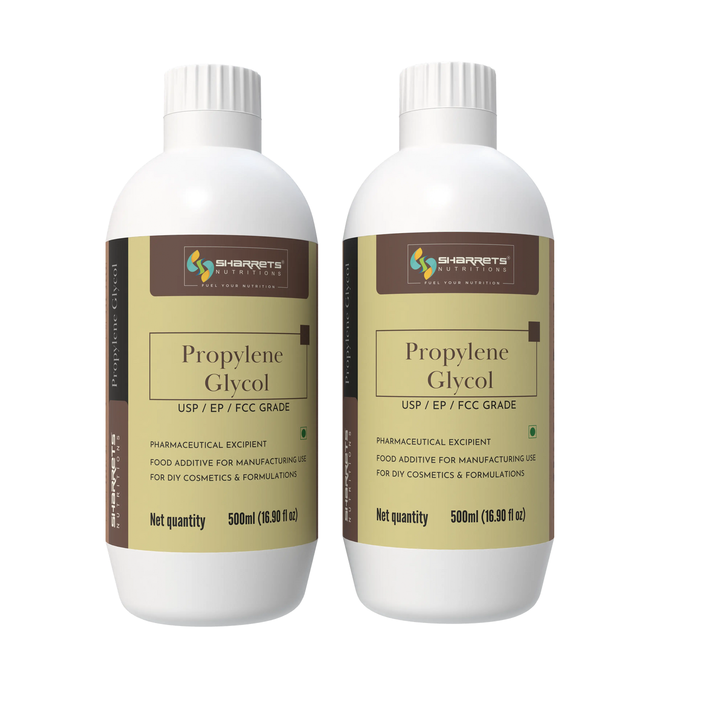 Two bottles of SHARRETS propylene glycol with labels on a white background