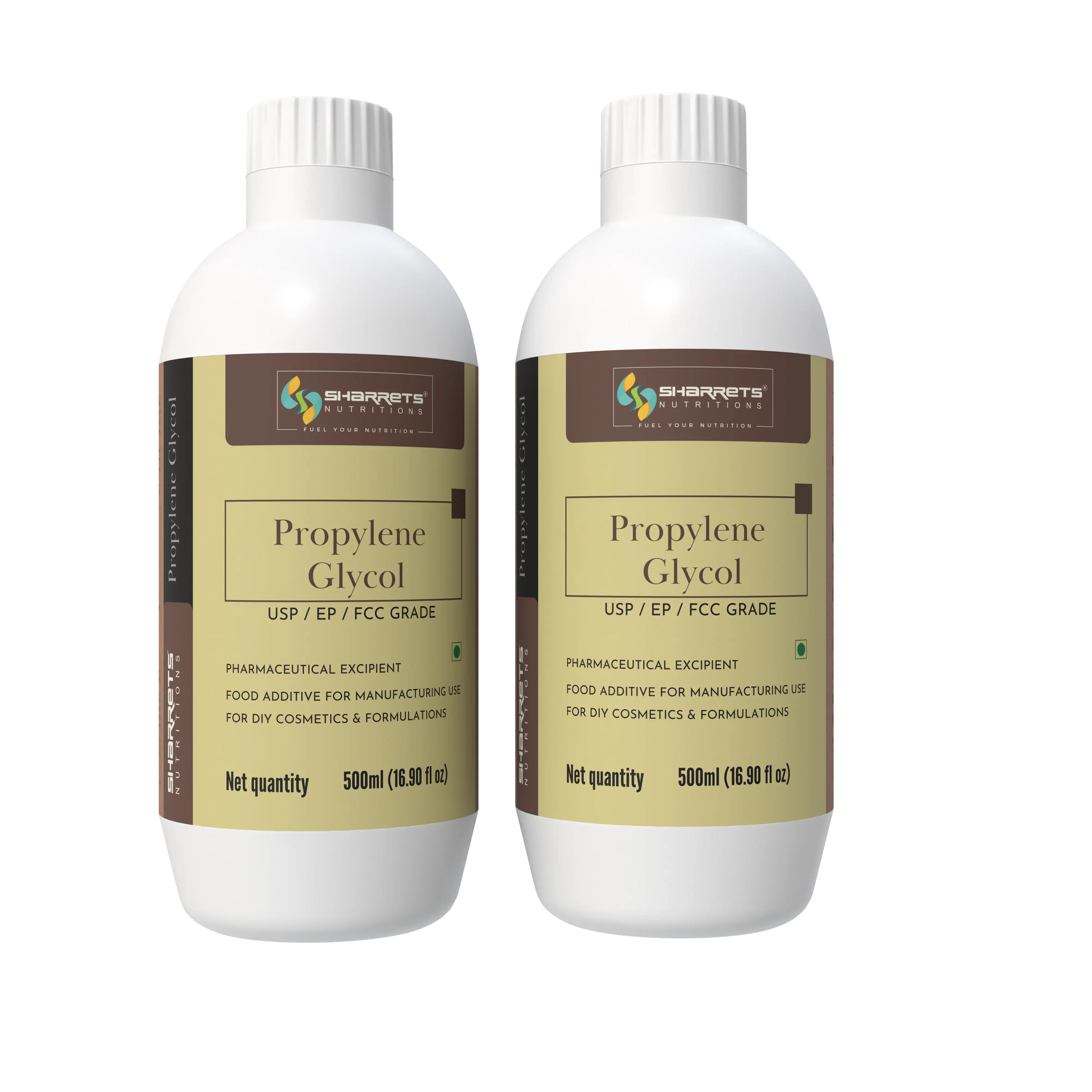 Two bottles of SHARRETS propylene glycol with labels on a white background