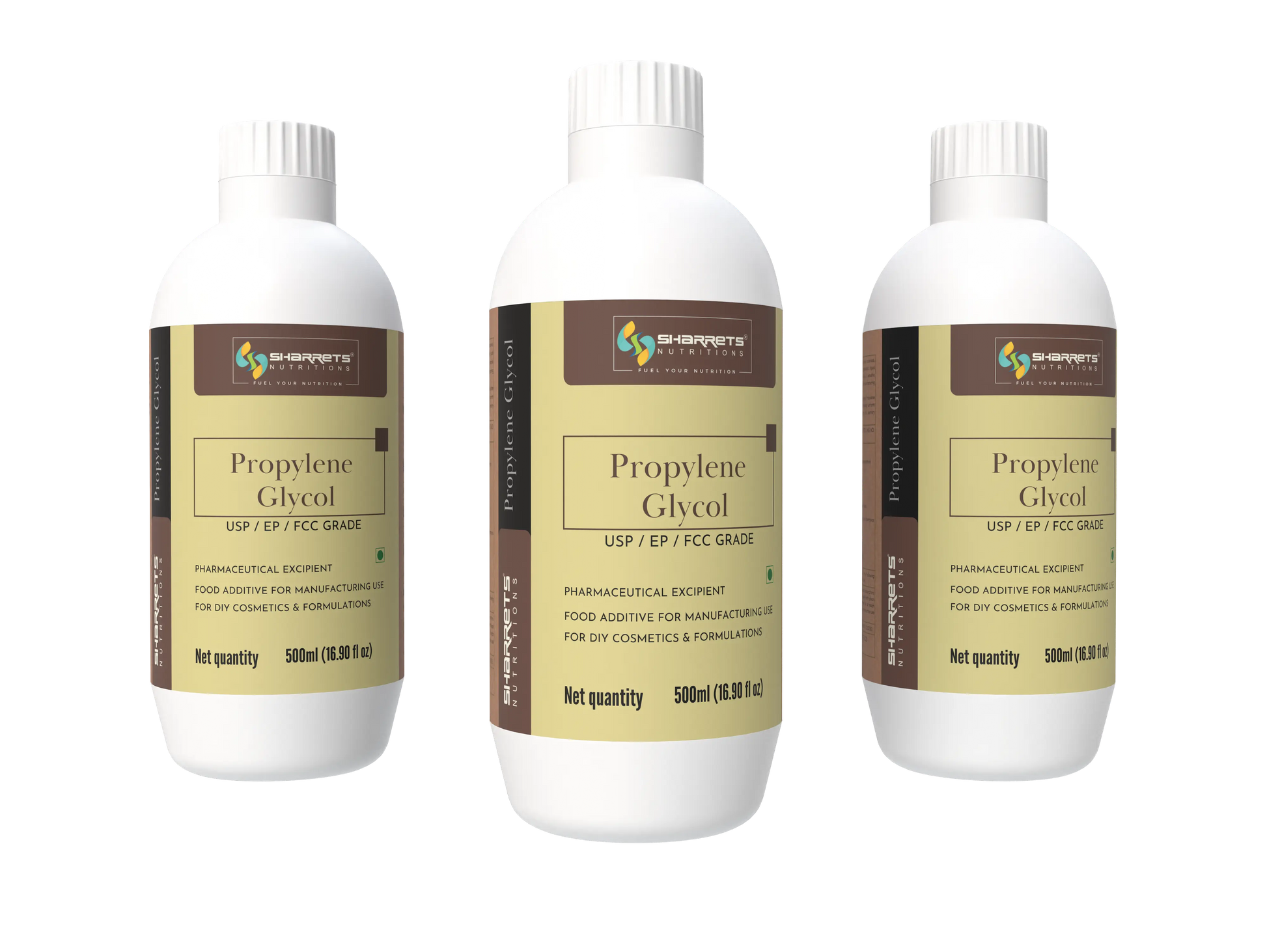 Three bottles of SHARRETS propylene glycol with labels on a white background