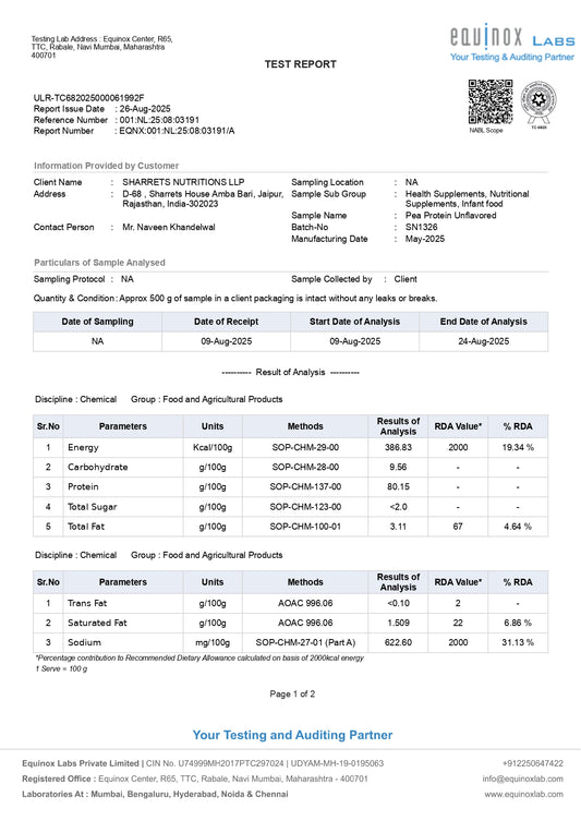 Test report from Equinox Labs with nutritional analysis of a product.