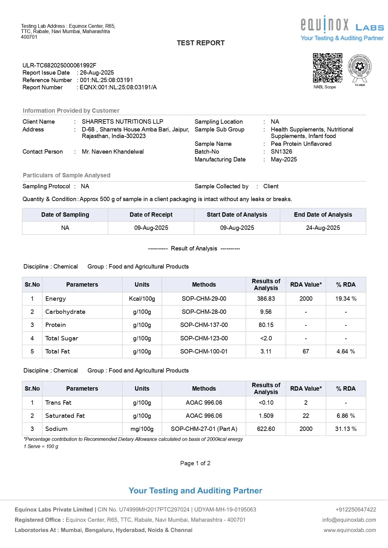 Test report from Equinox Labs with nutritional analysis details of sharrets nutritions pea protein powder.