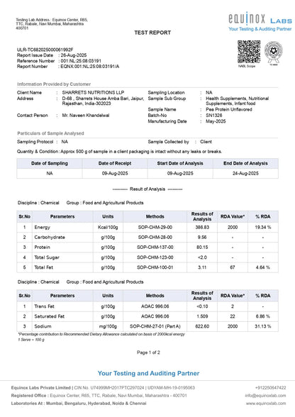 Test report from Equinox Labs with nutritional analysis details of sharrets nutritions pea protein powder.