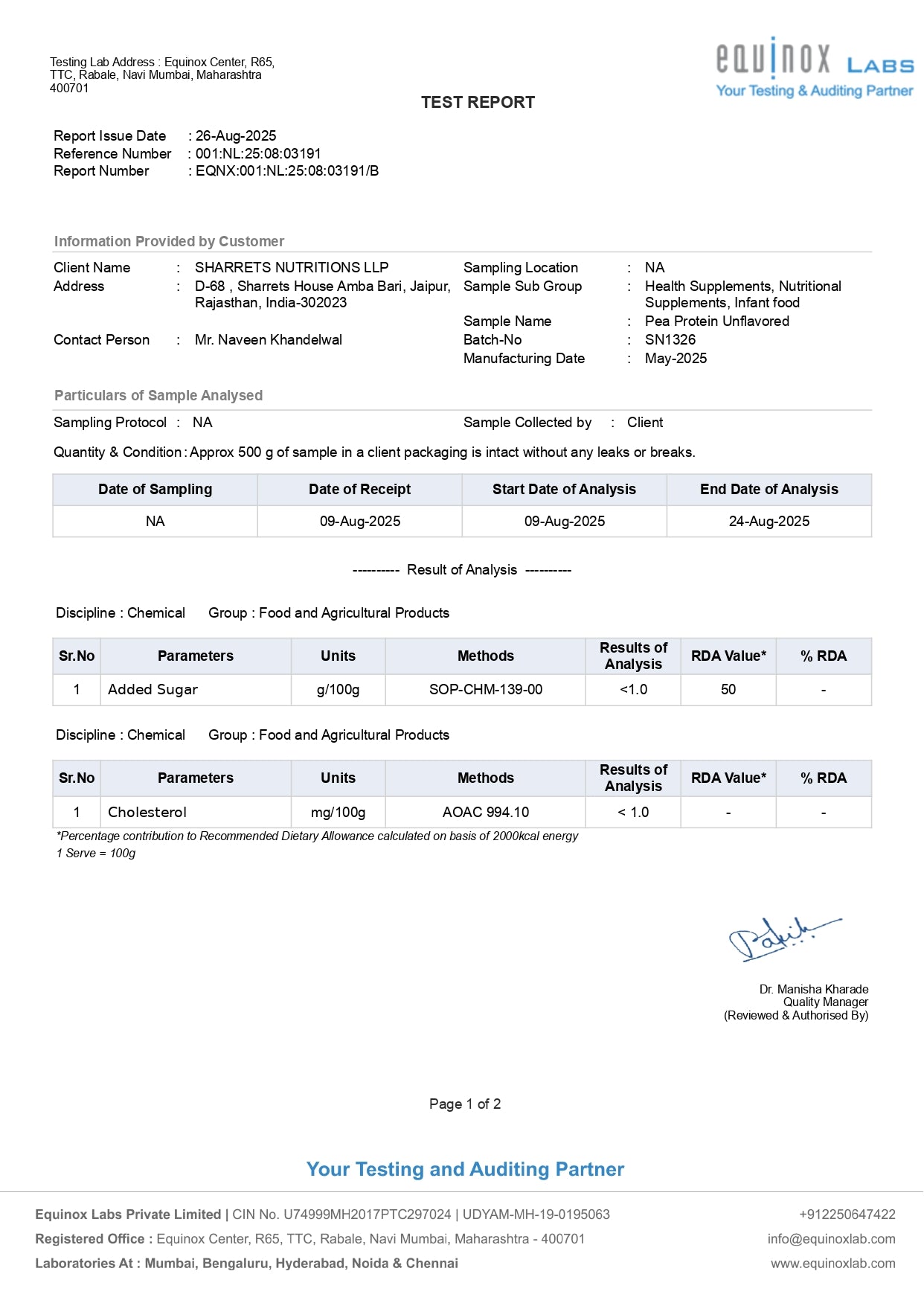Test report from Equinox Labs with client details and analysis results.
