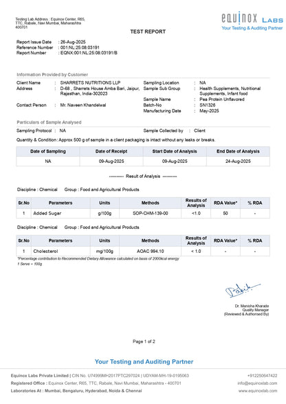 Test report from Equinox Labs with client details and analysis results.