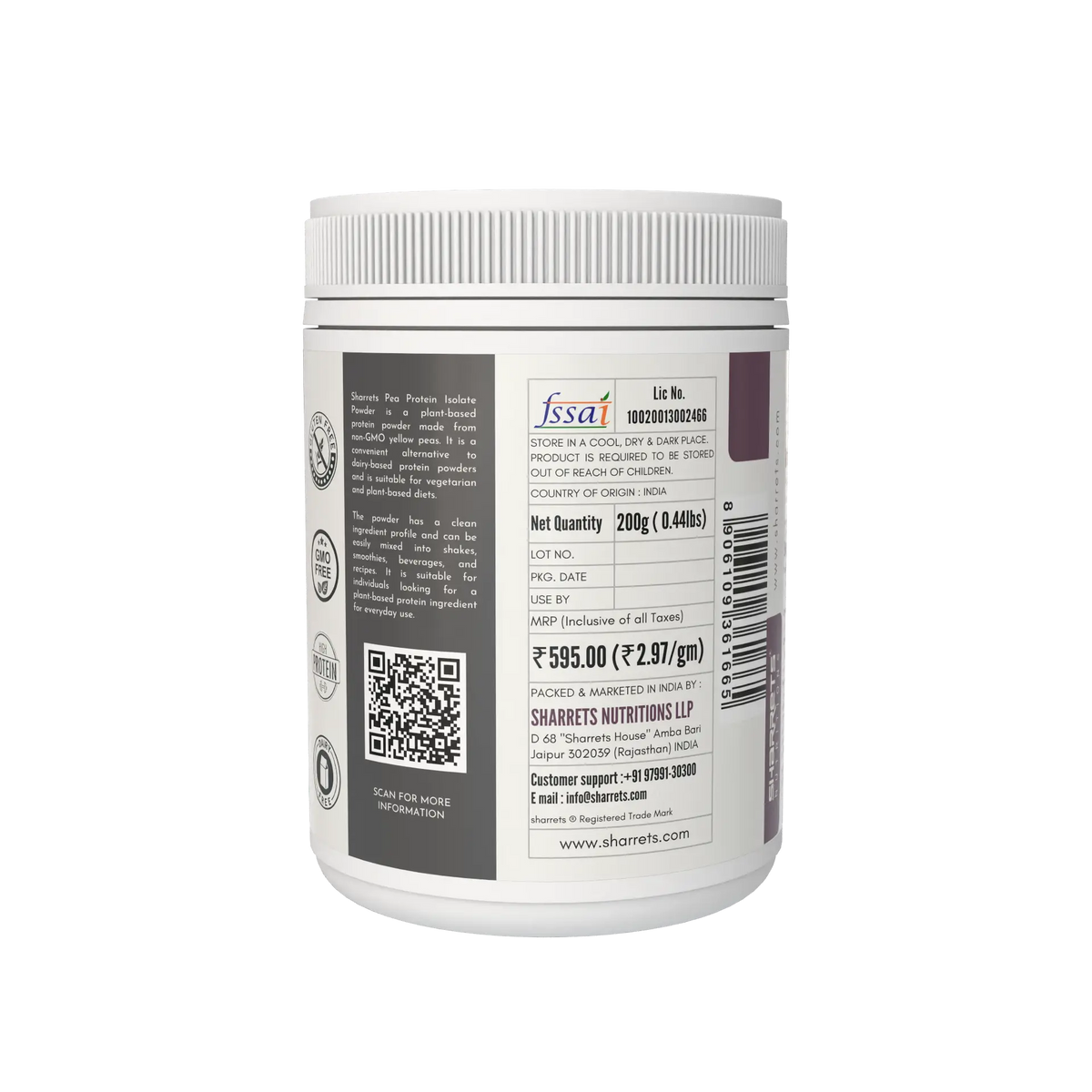 Sharrets Pea Protein Powder 200g right panel showing FSSAi license no. address and mrp