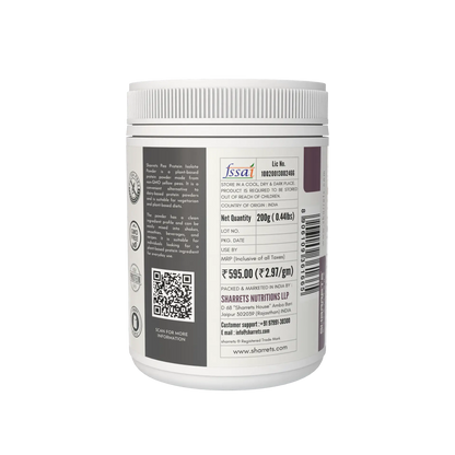 Sharrets Pea Protein Powder 200g right panel showing FSSAi license no. address and mrp