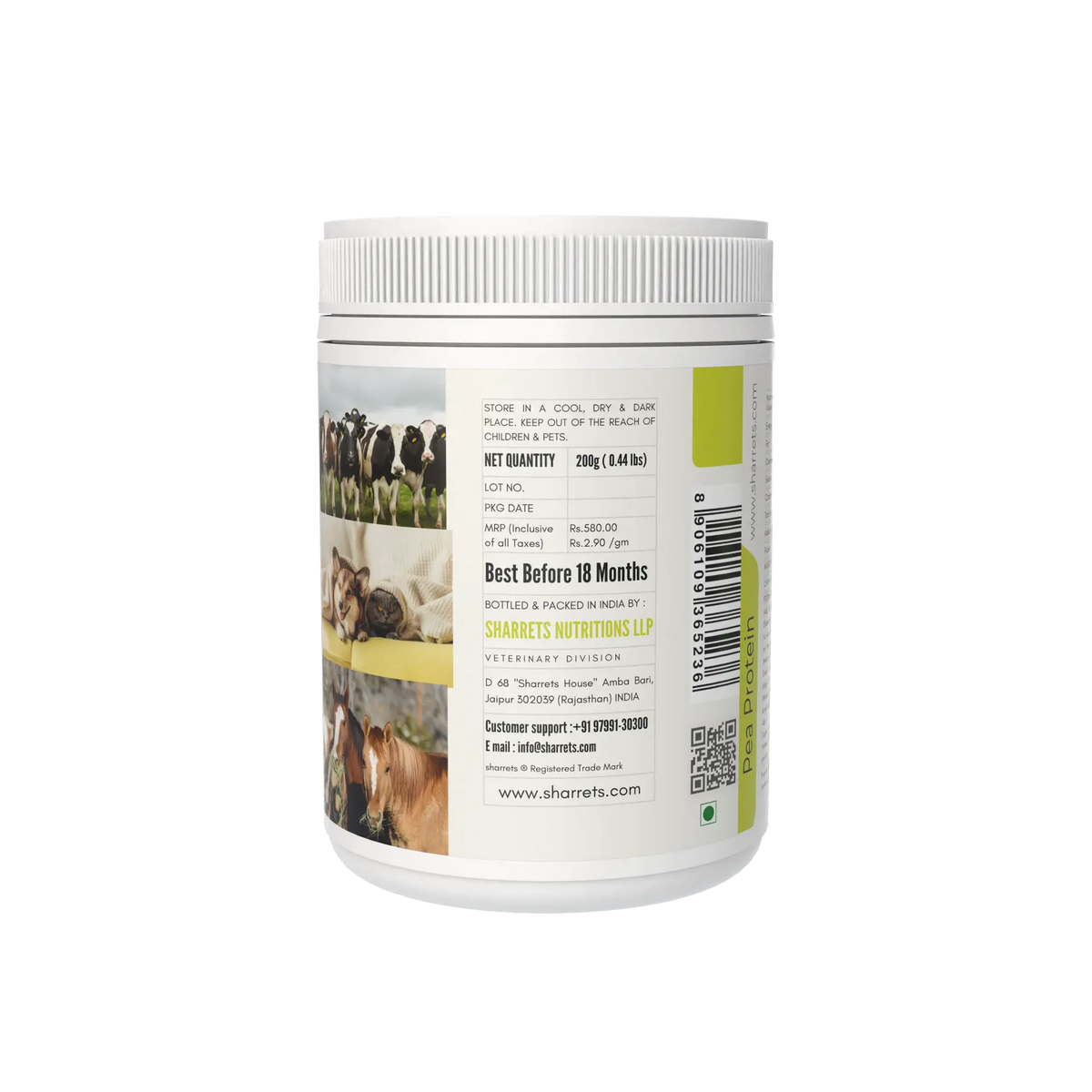 A white plastic tub of Sharrets Nutritions  Livestock Supplement with a ribbed screw cap, shown from the back side. The label features a white background with text, images of cows, a horse, and a sheep, along with a green vertical accent strip and a barcode.