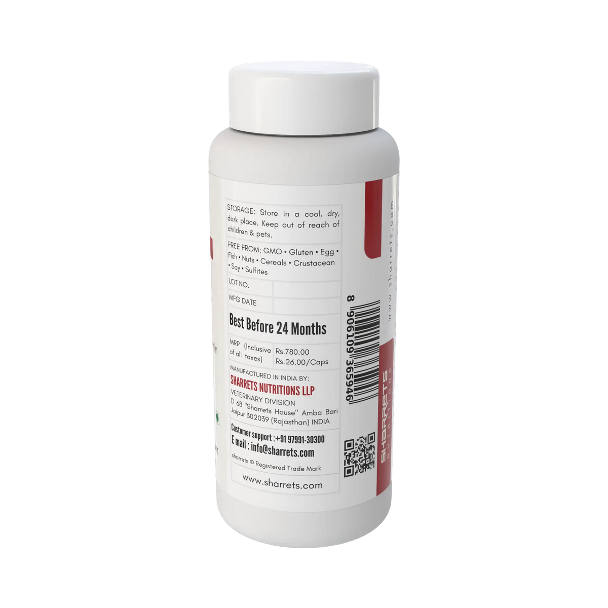 A white plastic bottle of Sharrets  Nutritions pets vitamin b12 supplement, shown from the back side with a white cap, featuring black text and red accents on the label.