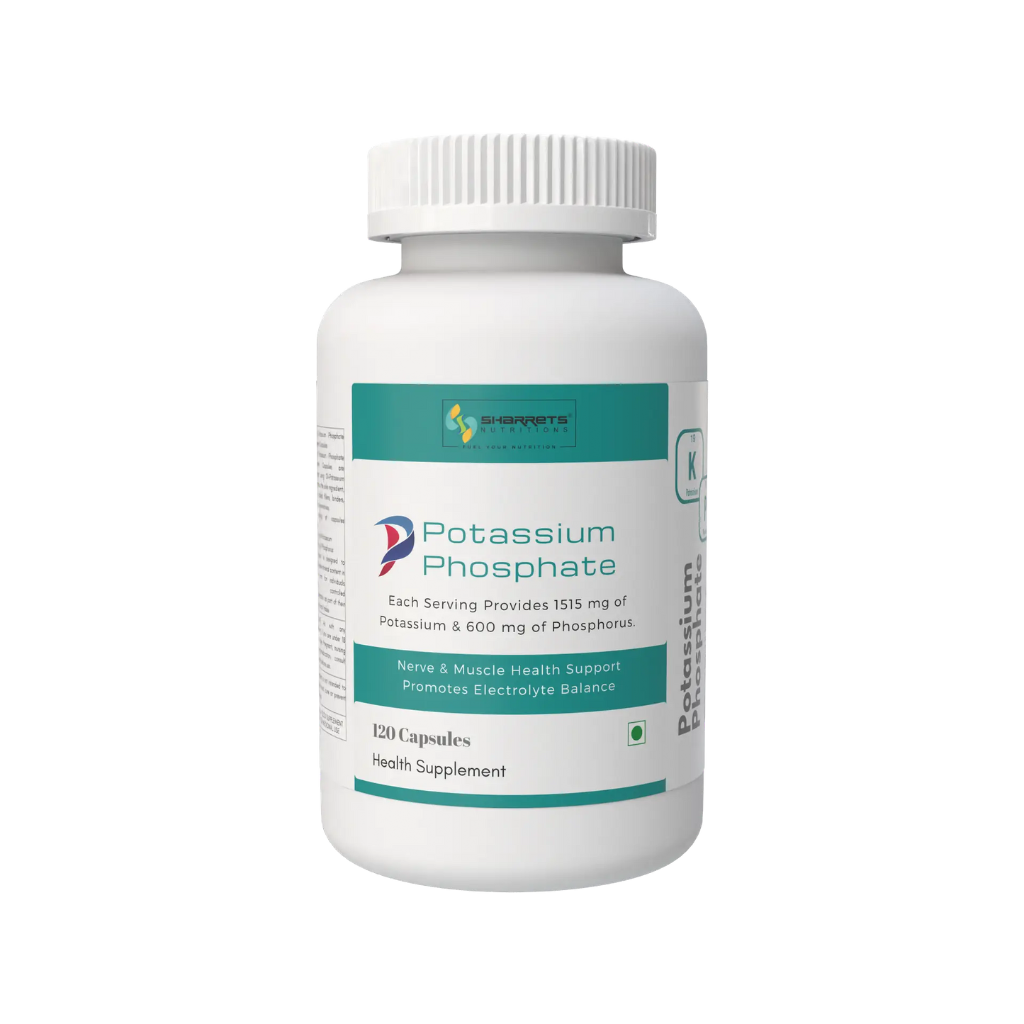 Supplement bottle labeled 'Sharrets Potassium Phosphate' on a white background