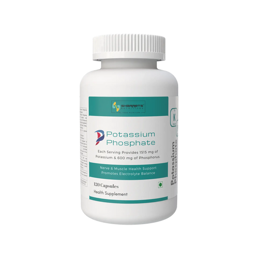 Supplement bottle labeled 'Sharrets Potassium Phosphate' on a white background