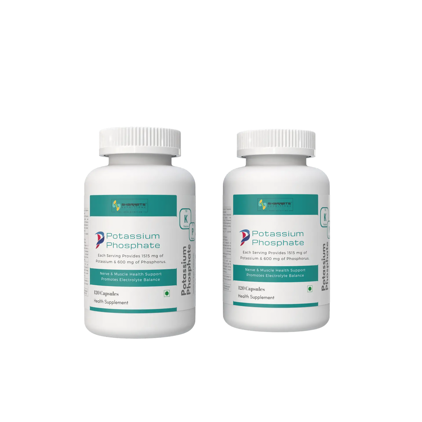 Two bottles of sharrets Potassium Phosphate supplements on a white background