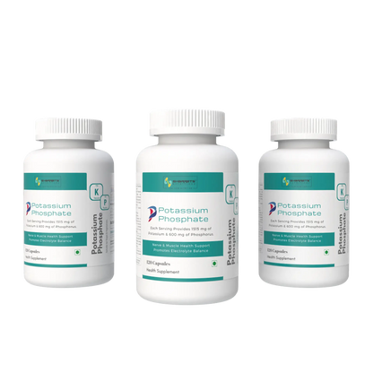 Three bottles of sharrets Potassium Phosphate supplements on a white background