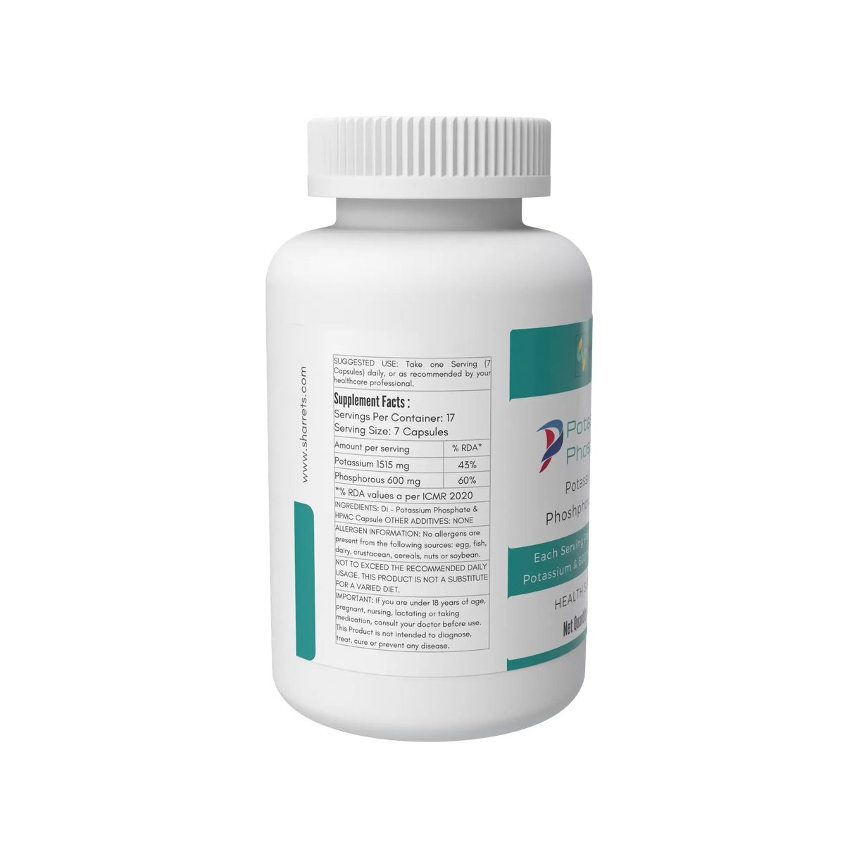 Sharrets Potassium Phosphate Capsules bottle showing supplement facts, ingredients and serving size