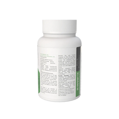White supplement bottle with text on a white background - Pre and Probiotic Capsules for Pets
