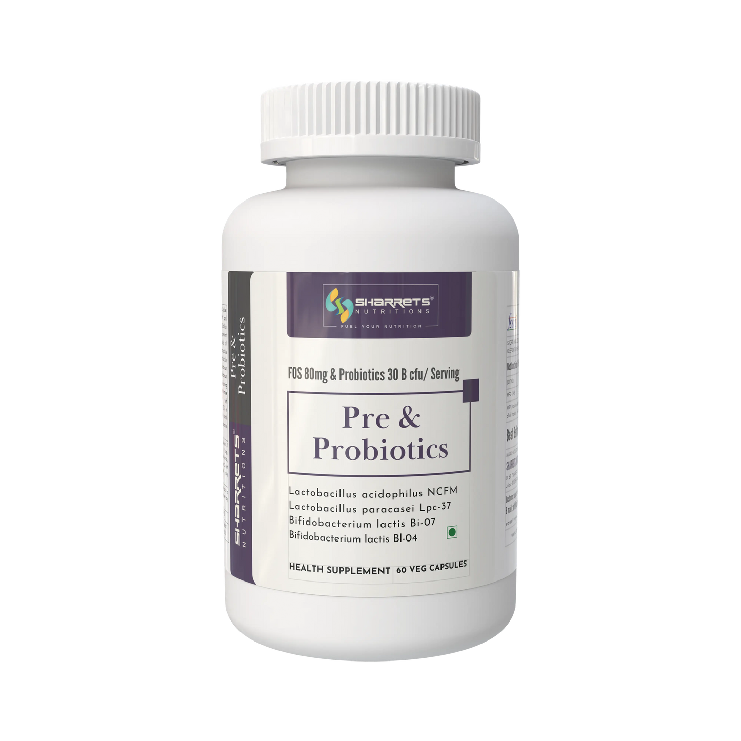Supplement bottle labeled 'Pre & Probiotics' on a white background - sharrets nutritions