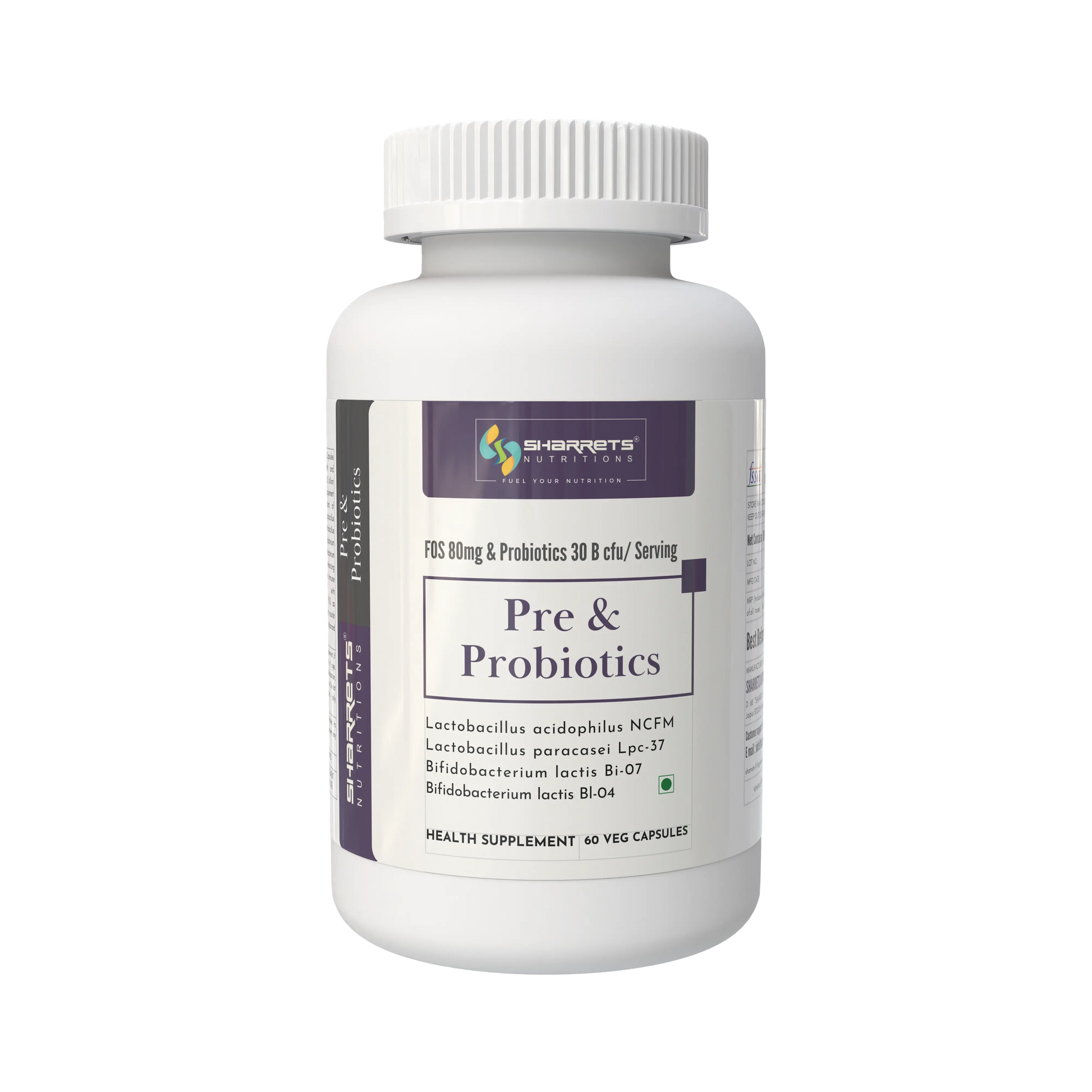 Supplement bottle labeled 'Pre & Probiotics' on a white background - sharrets nutritions