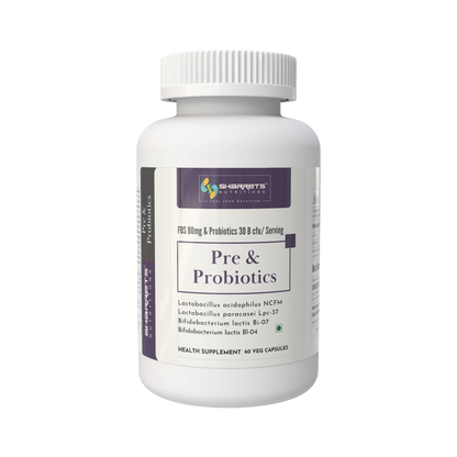Supplement bottle labeled 'Pre & Probiotics' on a white background - sharrets nutritions