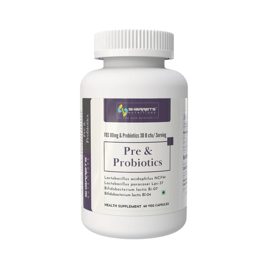 Supplement bottle labeled 'Pre & Probiotics' on a white background - sharrets nutritions