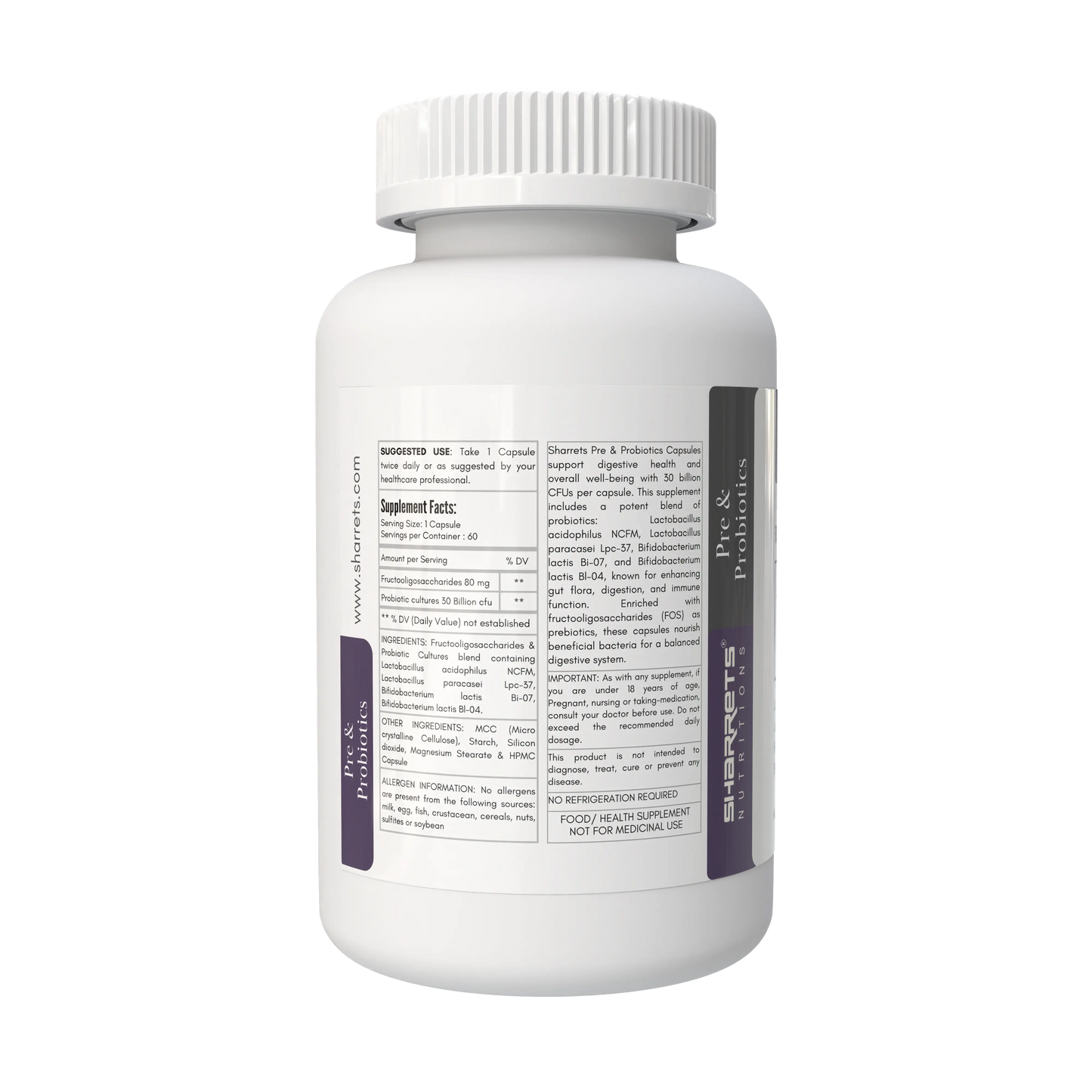Supplement bottle with label on a white background- sharrets nutritions