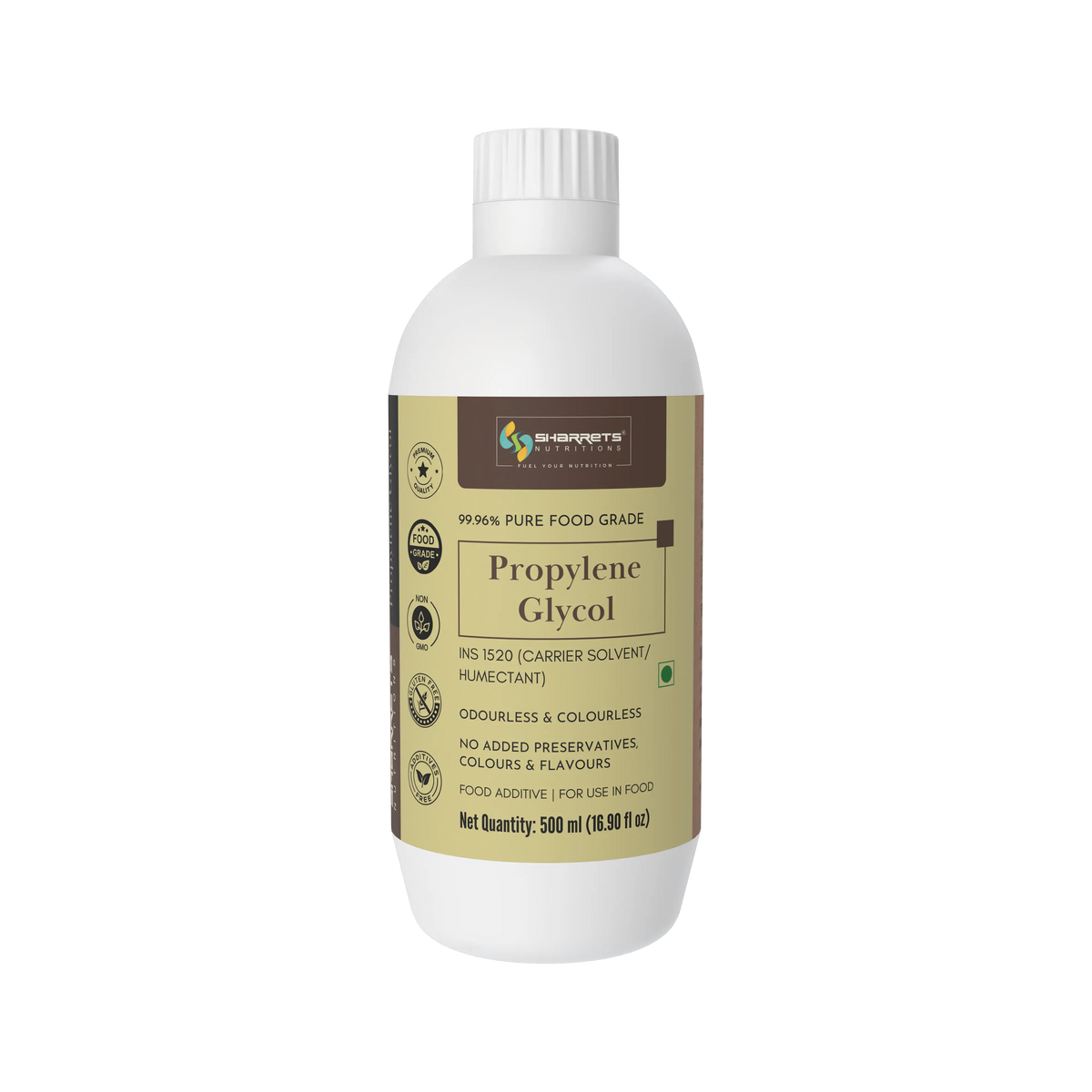 Sharrets Propylene Glycol 500 ml bottle front view, 99.96% pure food grade propylene glycol INS 1520, clear colourless liquid used as a carrier solvent and humectant in permitted food formulations, white bottle with gold and brown label.