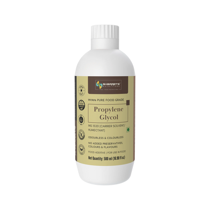 Sharrets Propylene Glycol 500 ml bottle front view, 99.96% pure food grade propylene glycol INS 1520, clear colourless liquid used as a carrier solvent and humectant in permitted food formulations, white bottle with gold and brown label.