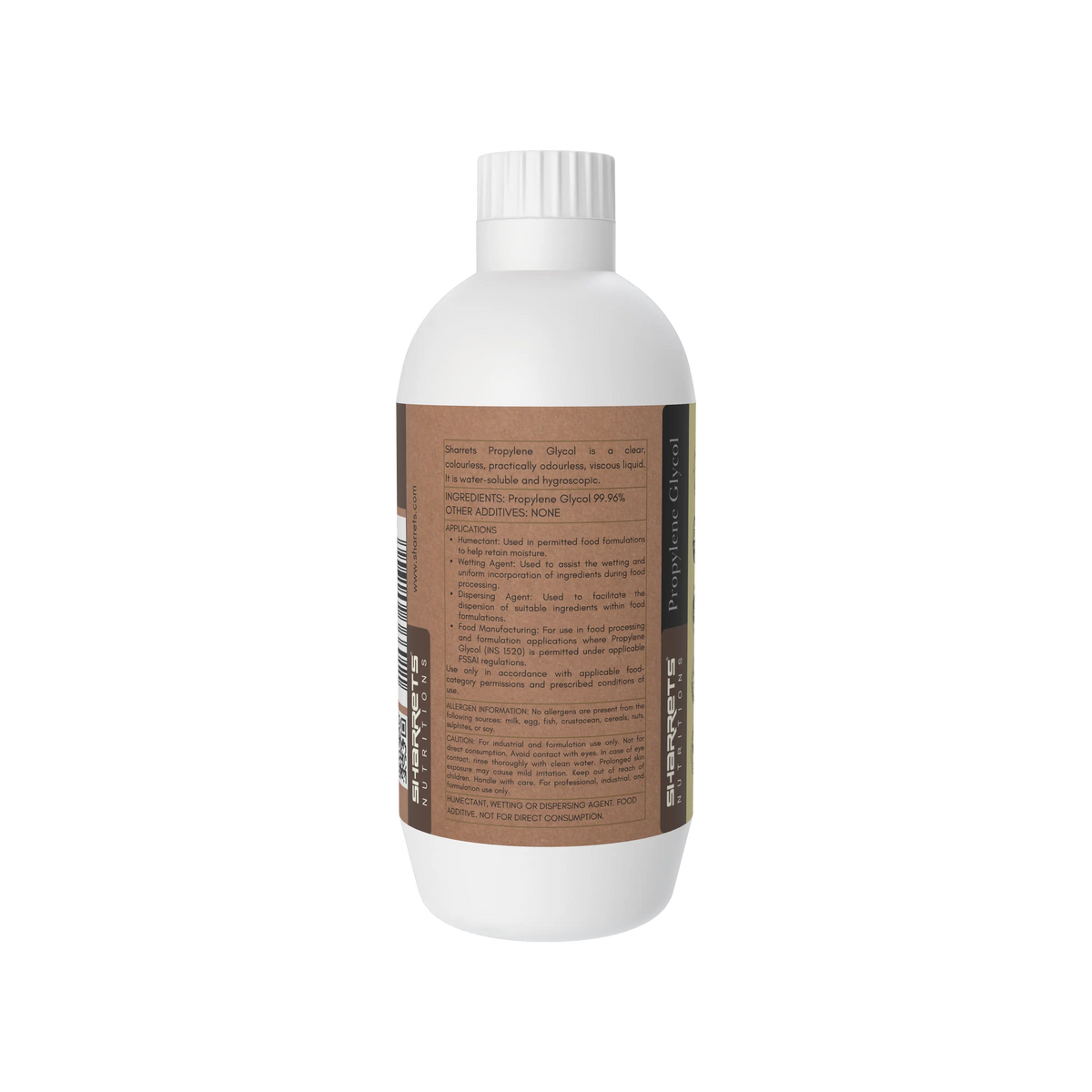Sharrets Propylene Glycol 500 ml back label showing product description, 99.96% propylene glycol ingredients, INS 1520 food additive applications, humectant and wetting agent uses, handling precautions, FSSAI licence details, barcode and QR code.
