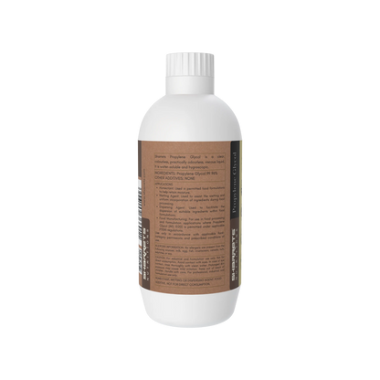 Sharrets Propylene Glycol 500 ml back label showing product description, 99.96% propylene glycol ingredients, INS 1520 food additive applications, humectant and wetting agent uses, handling precautions, FSSAI licence details, barcode and QR code.