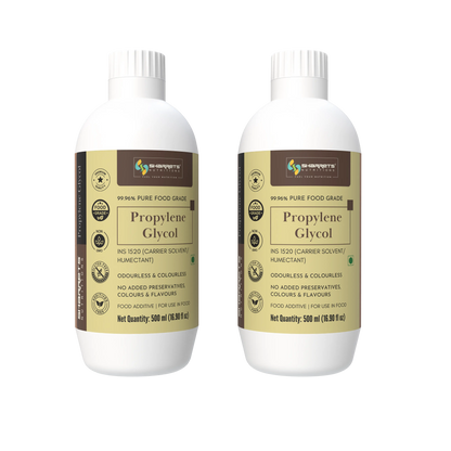 Sharrets Propylene Glycol pack of 2 showing three 500 ml bottles of 99.96% pure food grade propylene glycol, INS 1520, in white packaging with gold and brown labels. Product for permitted food additive, carrier solvent, humectant and formulation applications.